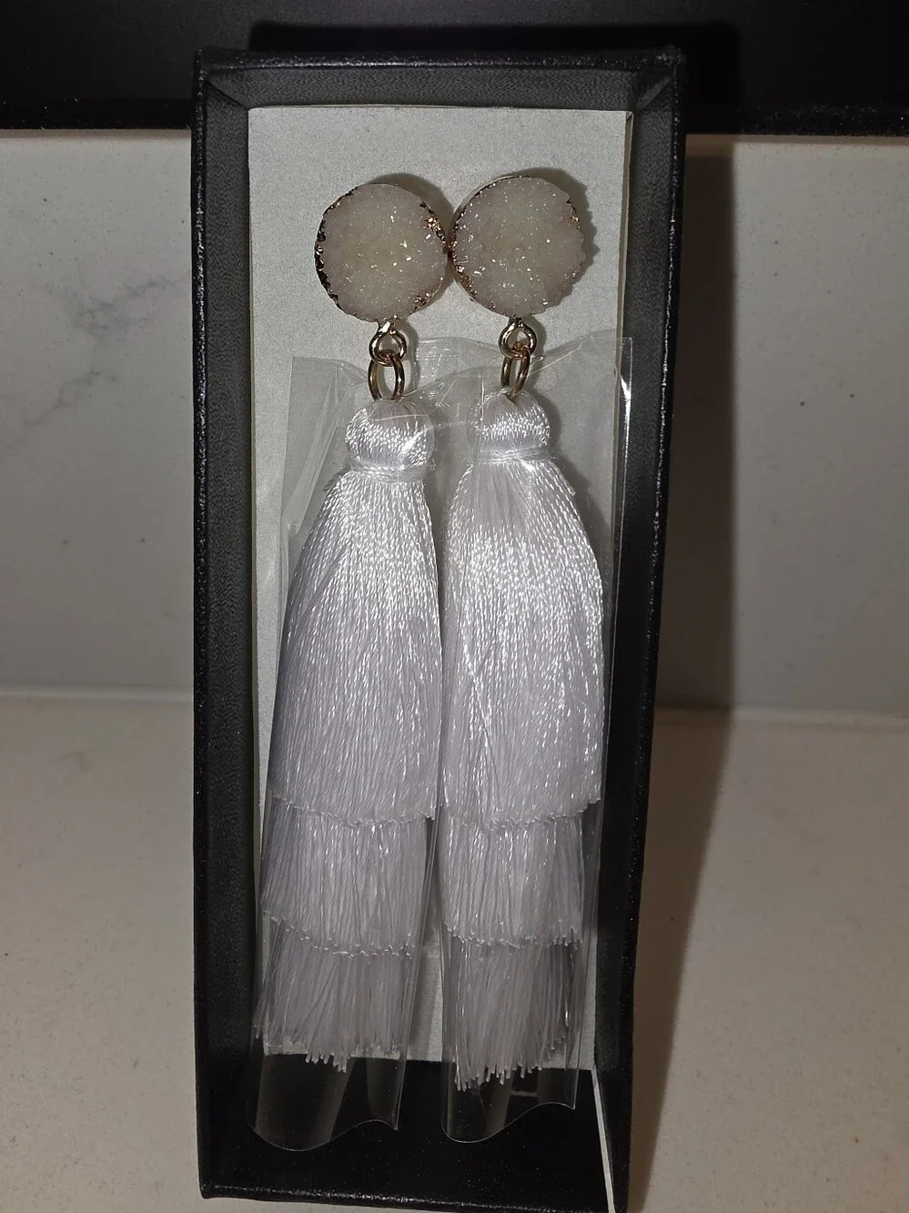 White Sparkling Stone Tassel Earrings Layered 3 Tier Crystal Boho Dangle Drop